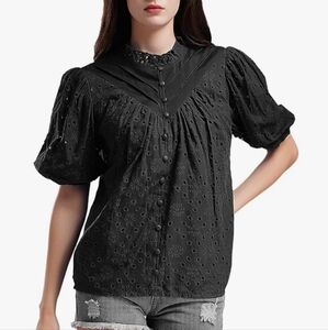 Women Eyelet Tops Hollow Out Lace Embroidered Blouse Puff Sleeve Button Down